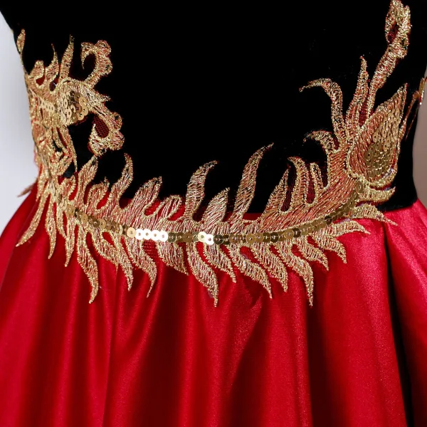 Elegant Red Sequins Lace Flower Satin Prom Dresses 2025 A-Line / Princess V-Neck 1/2 Sleeves Backless Floor-Length / Long Formal Dresses