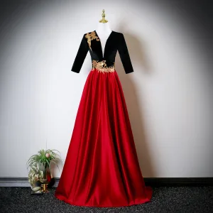 Élégant Rouge Paillettes En Dentelle Fleur Satin Robe De Bal 2025 Princesse V Cou 1 2 Manches Dos Nu Longue Robe De Ceremonie