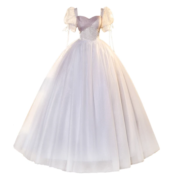 Elegant Grey Beading Sequins Prom Dresses 2023 Ball Gown Square Neckline Puffy Short Sleeve Backless Floor-Length / Long Formal Dresses