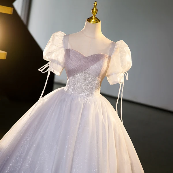 Elegant Grey Beading Sequins Prom Dresses 2023 Ball Gown Square Neckline Puffy Short Sleeve Backless Floor-Length / Long Formal Dresses