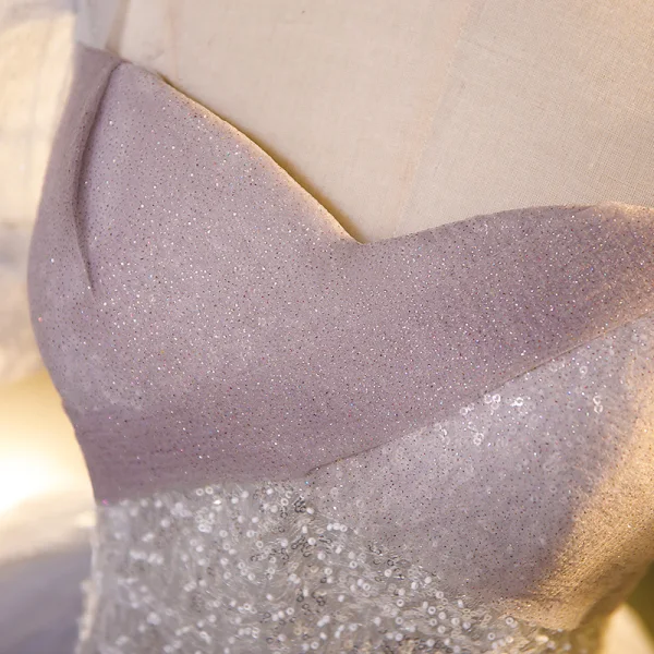 Elegant Grey Beading Sequins Prom Dresses 2023 Ball Gown Square Neckline Puffy Short Sleeve Backless Floor-Length / Long Formal Dresses