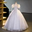 Elegant Grey Beading Sequins Prom Dresses 2023 Ball Gown Square Neckline Puffy Short Sleeve Backless Floor-Length / Long Formal Dresses