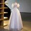 Elegant Grey Beading Sequins Prom Dresses 2023 Ball Gown Square Neckline Puffy Short Sleeve Backless Floor-Length / Long Formal Dresses