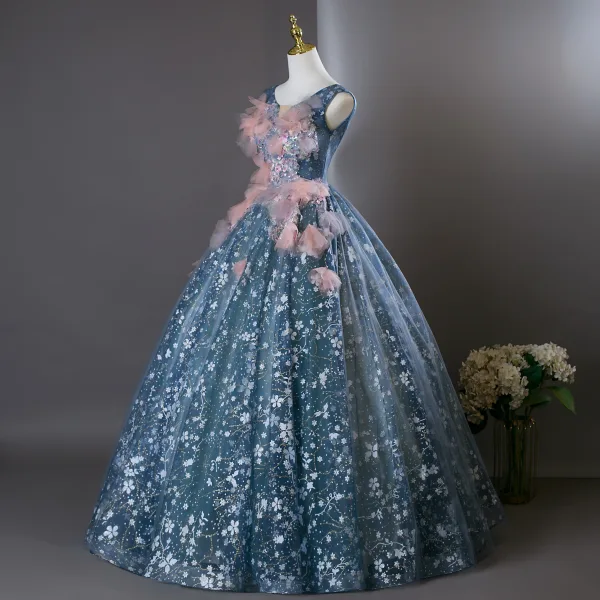Flower Fairy Ocean Blue Beading Sequins Appliques Prom Dresses 2025 Ball Gown V-Neck Sleeveless Backless Floor-Length / Long Formal Dresses
