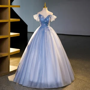 Élégant Bleu Ciel Perle Paillettes En Dentelle Fleur Appliques Robe De Bal 2023 De L Épaule Manches Courtes Dos Nu Longue Robe De Ceremonie