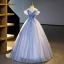 Elegant Sky Blue Pearl Sequins Lace Flower Appliques Prom Dresses 2023 Off-The-Shoulder Short Sleeve Backless Floor-Length / Long Formal Dresses