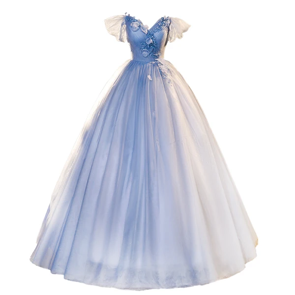 Elegant Sky Blue Pearl Sequins Lace Flower Appliques Prom Dresses 2023 Off-The-Shoulder Short Sleeve Backless Floor-Length / Long Formal Dresses