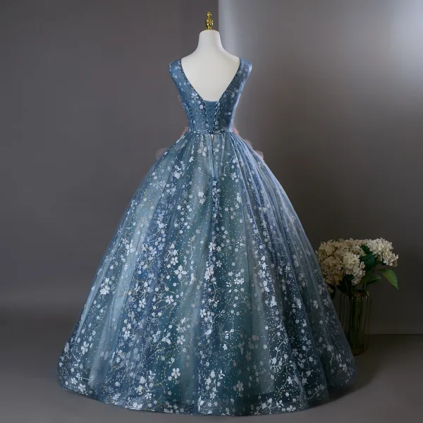 Flower Fairy Ocean Blue Beading Sequins Appliques Prom Dresses 2025 Ball Gown V-Neck Sleeveless Backless Floor-Length / Long Formal Dresses