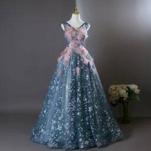 Fée Des Fleurs Océan Bleu Perlage Paillettes Appliques Robe De Bal 2025 Robe Boule V Cou Sans Manches Dos Nu Longue Robe De Ceremonie