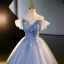 Elegant Sky Blue Pearl Sequins Lace Flower Appliques Prom Dresses 2023 Off-The-Shoulder Short Sleeve Backless Floor-Length / Long Formal Dresses