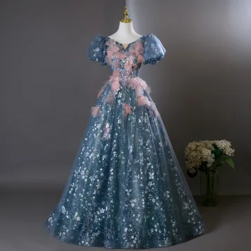 Flower Fairy Ocean Blue Beading Appliques Sequins Prom Dresses 2025 Ball Gown Scoop Neck Puffy Short Sleeve Backless Floor Length Long Formal Dresses