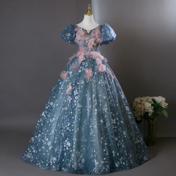 Flower Fairy Ocean Blue Beading Appliques Sequins Prom Dresses 2025 Ball Gown Scoop Neck Puffy Short Sleeve Backless Floor-Length / Long Formal Dresses