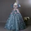Flower Fairy Ocean Blue Beading Appliques Sequins Prom Dresses 2025 Ball Gown Scoop Neck Puffy Short Sleeve Backless Floor-Length / Long Formal Dresses