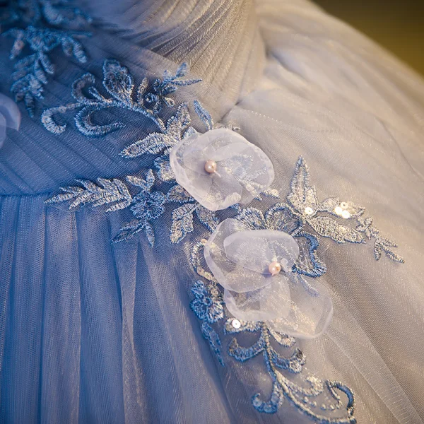 Elegant Sky Blue Pearl Sequins Lace Flower Appliques Prom Dresses 2023 Off-The-Shoulder Short Sleeve Backless Floor-Length / Long Formal Dresses