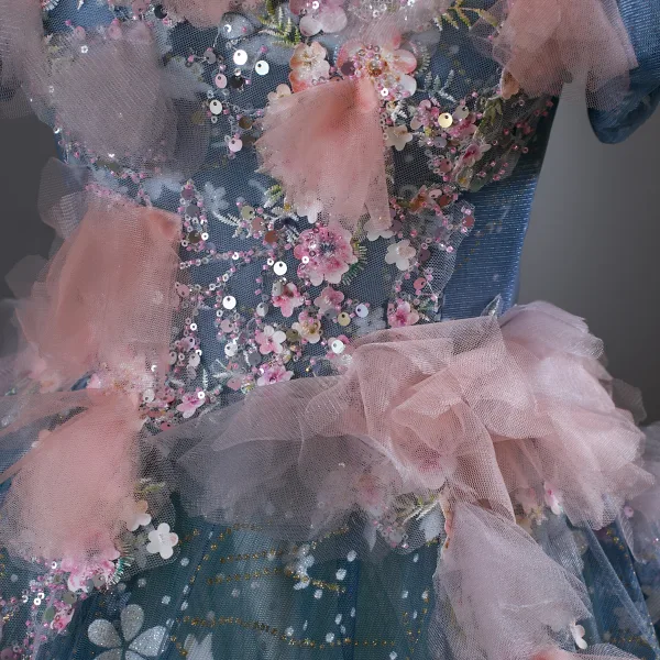 Flower Fairy Ocean Blue Beading Appliques Sequins Prom Dresses 2025 Ball Gown Scoop Neck Puffy Short Sleeve Backless Floor-Length / Long Formal Dresses