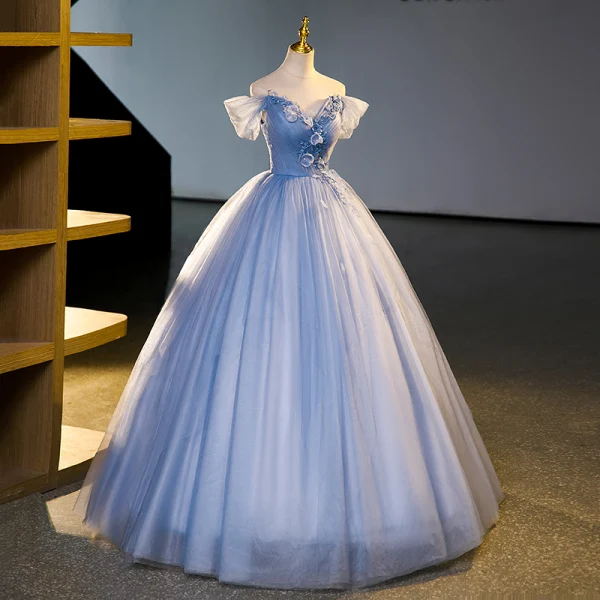Elegant Sky Blue Pearl Sequins Lace Flower Appliques Prom Dresses 2023 Off-The-Shoulder Short Sleeve Backless Floor-Length / Long Formal Dresses