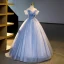 Elegant Sky Blue Pearl Sequins Lace Flower Appliques Prom Dresses 2023 Off-The-Shoulder Short Sleeve Backless Floor-Length / Long Formal Dresses