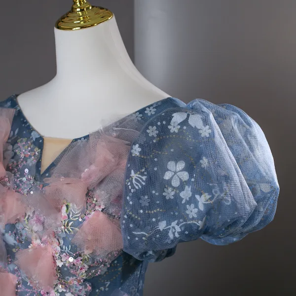 Flower Fairy Ocean Blue Beading Appliques Sequins Prom Dresses 2025 Ball Gown Scoop Neck Puffy Short Sleeve Backless Floor-Length / Long Formal Dresses