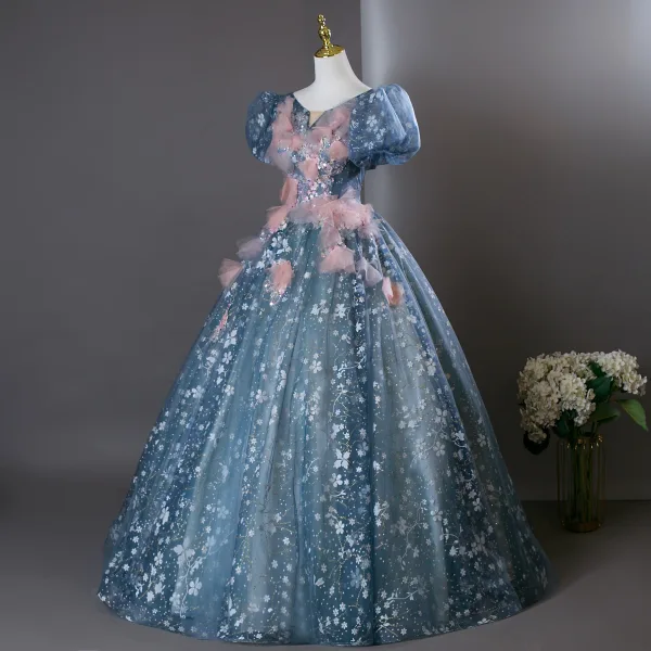 Flower Fairy Ocean Blue Beading Appliques Sequins Prom Dresses 2025 Ball Gown Scoop Neck Puffy Short Sleeve Backless Floor-Length / Long Formal Dresses