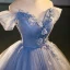 Elegant Sky Blue Pearl Sequins Lace Flower Appliques Prom Dresses 2023 Off-The-Shoulder Short Sleeve Backless Floor-Length / Long Formal Dresses