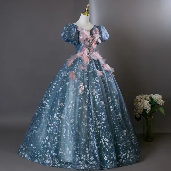 Flower Fairy Ocean Blue Beading Appliques Sequins Prom Dresses 2025 Ball Gown Scoop Neck Puffy Short Sleeve Backless Floor-Length / Long Formal Dresses