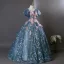 Flower Fairy Ocean Blue Beading Appliques Sequins Prom Dresses 2025 Ball Gown Scoop Neck Puffy Short Sleeve Backless Floor-Length / Long Formal Dresses