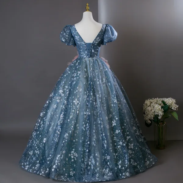 Flower Fairy Ocean Blue Beading Appliques Sequins Prom Dresses 2025 Ball Gown Scoop Neck Puffy Short Sleeve Backless Floor-Length / Long Formal Dresses