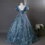 Flower Fairy Ocean Blue Beading Appliques Sequins Prom Dresses 2025 Ball Gown Scoop Neck Puffy Short Sleeve Backless Floor-Length / Long Formal Dresses