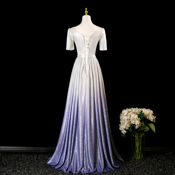 Bling Bling Multi-Colors Lavender Beading Tassel Glitter Prom Dresses 2025 A-Line / Princess V-Neck Short Sleeve Backless Floor-Length / Long Formal Dresses