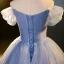 Elegant Sky Blue Pearl Sequins Lace Flower Appliques Prom Dresses 2023 Off-The-Shoulder Short Sleeve Backless Floor-Length / Long Formal Dresses