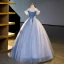 Elegant Sky Blue Pearl Sequins Lace Flower Appliques Prom Dresses 2023 Off-The-Shoulder Short Sleeve Backless Floor-Length / Long Formal Dresses