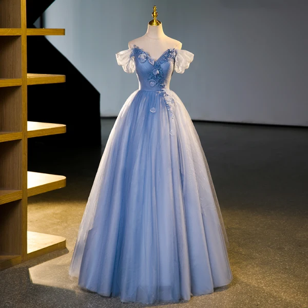Elegant Sky Blue Pearl Sequins Lace Flower Appliques Prom Dresses 2023 Off-The-Shoulder Short Sleeve Backless Floor-Length / Long Formal Dresses