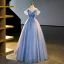 Elegant Sky Blue Pearl Sequins Lace Flower Appliques Prom Dresses 2023 Off-The-Shoulder Short Sleeve Backless Floor-Length / Long Formal Dresses