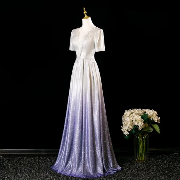 Bling Bling Multi-Colors Lavender Beading Tassel Glitter Prom Dresses 2025 A-Line / Princess V-Neck Short Sleeve Backless Floor-Length / Long Formal Dresses