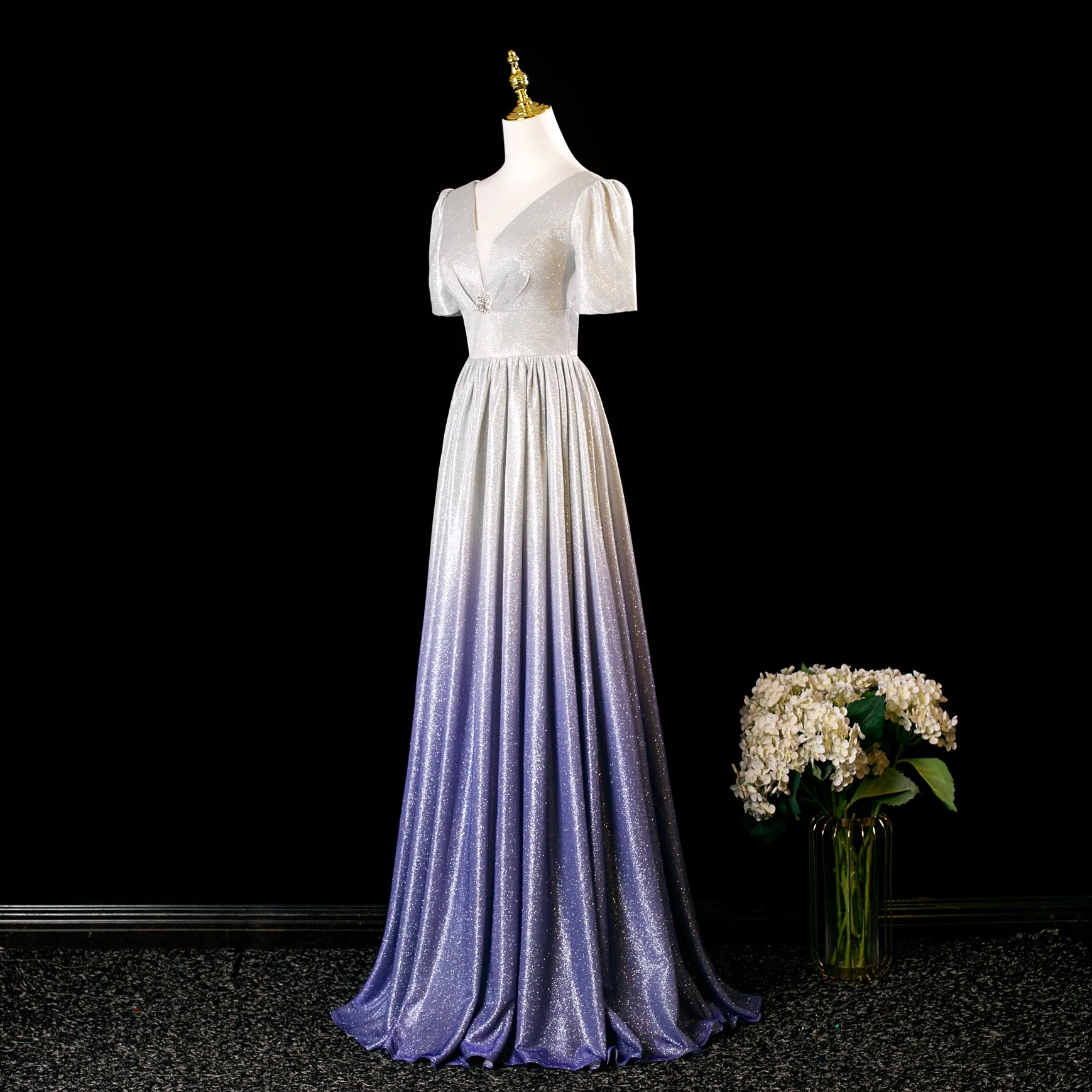 Charming Multi Colors Lavender Rhinestone Glitter Prom Dresses 2025 A Line  Princess V Neck Short Sleeve Backless Floor Length Long Formal Dresses