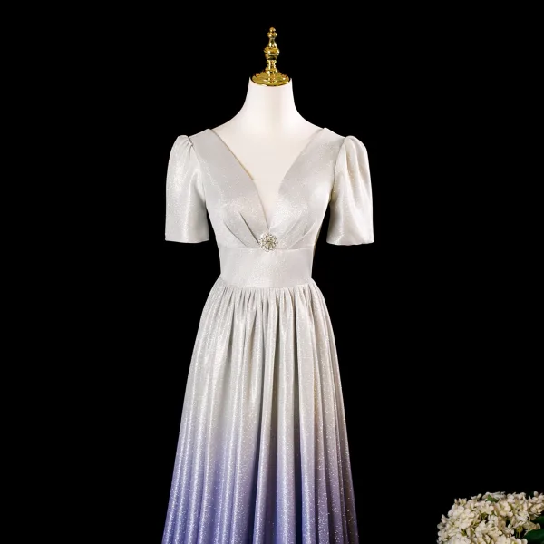 Charming Multi-Colors Lavender Rhinestone Glitter Prom Dresses 2025 A-Line / Princess V-Neck Short Sleeve Backless Floor-Length / Long Formal Dresses