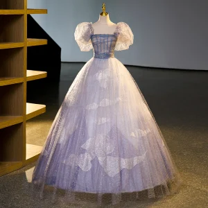 Elegant Lavender Beading Sequins Prom Dresses 2023 Ball Gown Square Neckline Puffy Short Sleeve Backless Floor Length Long Formal Dresses