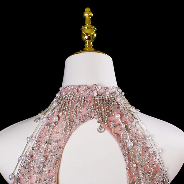 Glitzernden Charmant Pink Perlenstickerei Perle Strass Pailletten Ballkleider 2025 A Linie Stehkragen Ärmellos Rückenfreies Lange Festliche Kleider