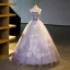 Elegant Lavender Beading Sequins Prom Dresses 2023 Ball Gown Square Neckline Puffy Short Sleeve Backless Floor-Length / Long Formal Dresses
