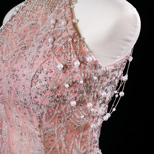 Glitzernden Charmant Pink Perlenstickerei Perle Strass Pailletten Ballkleider 2025 A Linie Stehkragen Ärmellos Rückenfreies Lange Festliche Kleider