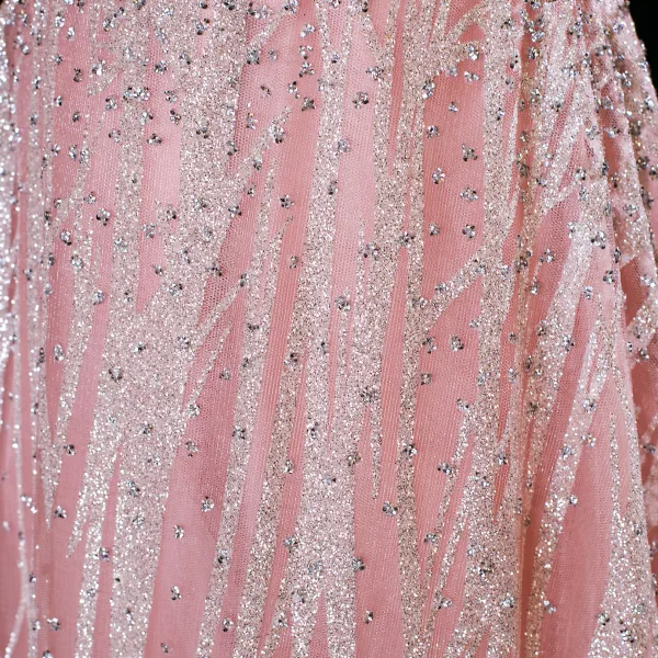 Glitzernden Charmant Pink Perlenstickerei Perle Strass Pailletten Ballkleider 2025 A Linie Stehkragen Ärmellos Rückenfreies Lange Festliche Kleider