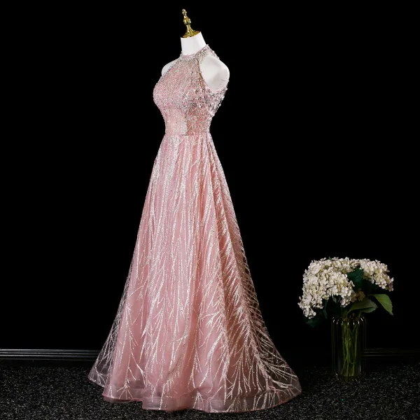 Glitzernden Charmant Pink Perlenstickerei Perle Strass Pailletten Ballkleider 2025 A Linie Stehkragen Ärmellos Rückenfreies Lange Festliche Kleider
