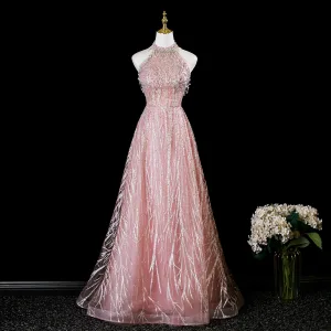 Glittrande Charmig Godis Rosa Beading Pärla Rhinestone Paljetter Balklänningar 2025 Prinsessa Hög Hals Ärmlös Halterneck Långa Formella Klänningar