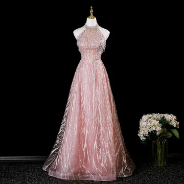 Sparkly Charming Candy Pink Beading Pearl Rhinestone Sequins Prom Dresses 2025 A Line Princess High Neck Sleeveless Backless Floor Length Long Formal Dresses