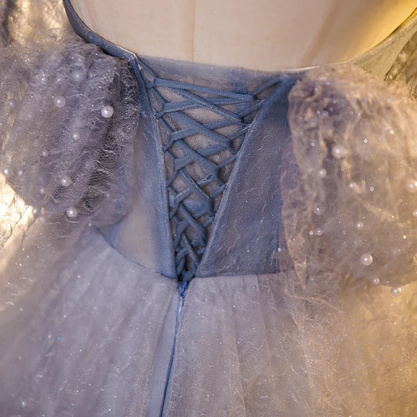 Elegant Lavender Beading Sequins Prom Dresses 2023 Ball Gown Square Neckline Puffy Short Sleeve Backless Floor-Length / Long Formal Dresses