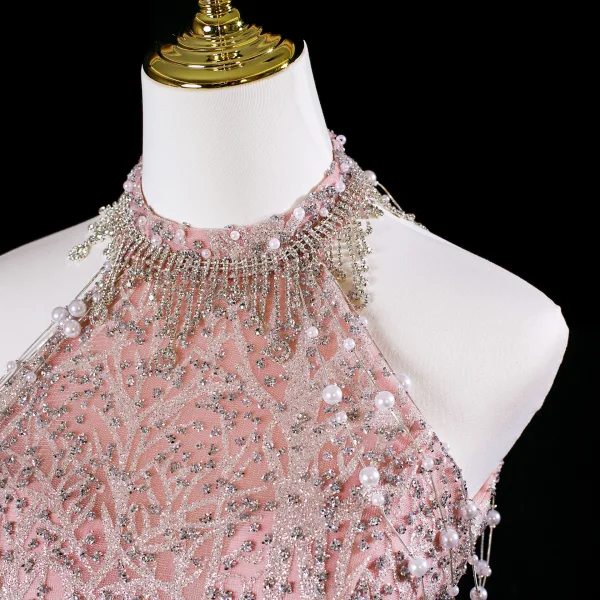 Glitzernden Charmant Pink Perlenstickerei Perle Strass Pailletten Ballkleider 2025 A Linie Stehkragen Ärmellos Rückenfreies Lange Festliche Kleider