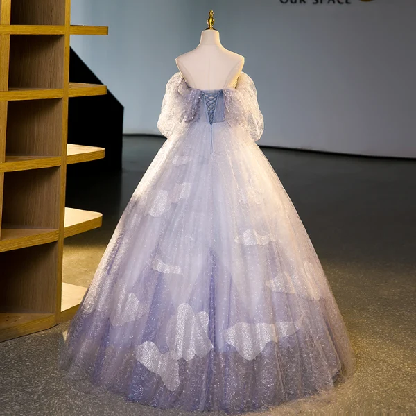 Elegant Lavender Beading Sequins Prom Dresses 2023 Ball Gown Square Neckline Puffy Short Sleeve Backless Floor-Length / Long Formal Dresses