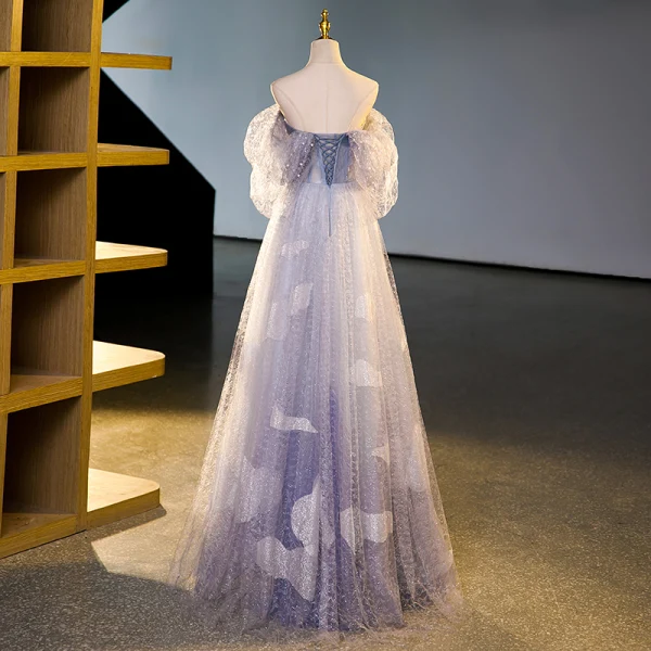 Elegant Lavender Beading Sequins Prom Dresses 2023 Ball Gown Square Neckline Puffy Short Sleeve Backless Floor-Length / Long Formal Dresses