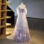 Elegant Lavender Beading Sequins Prom Dresses 2023 Ball Gown Square Neckline Puffy Short Sleeve Backless Floor-Length / Long Formal Dresses
