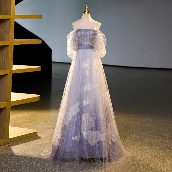 Elegant Lavender Beading Sequins Prom Dresses 2023 Ball Gown Square Neckline Puffy Short Sleeve Backless Floor-Length / Long Formal Dresses